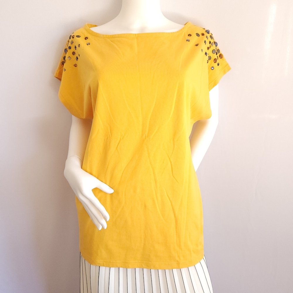 NWT Isaac Mizrahi Women's Cotton Yellow Cap Sleeve Boxy Tee Size XL